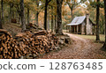 Rustic Log Cabin in Autumn Woods 128763485