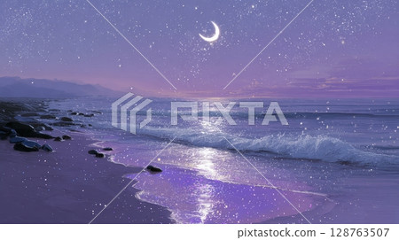 Enjoy a Serene Night at the Beach with Beautiful Moonlit Reflection Illuminating the Scene Enjoy a Serene Night at the Beach with Beautiful Moonlit Reflection Illuminating the Scene 128763507
