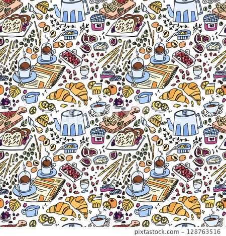 Seamless pattern in doodle style with illustration of french style breakfast, buns, coffee, fruits 128763516