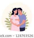 Young couple expecting a baby. The man gently embraces his pregnant wife, symbolizing love, care, and family support. Flat vector illustration on white background. 128763526