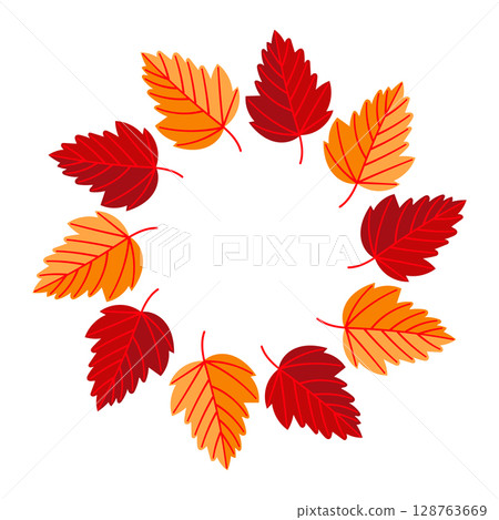 Autumn leaves wreath made from red and orange leaves on a white background 128763669