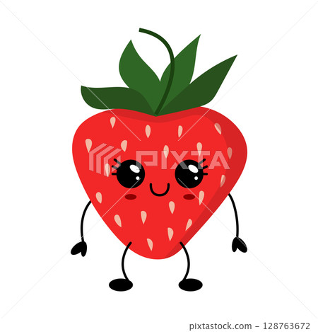 Kawaii strawberry character with happy face and cute hands 128763672