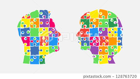 Head woman and man puzzle pieces, mental disorder Head woman and man puzzle pieces, mental disorder 128763720