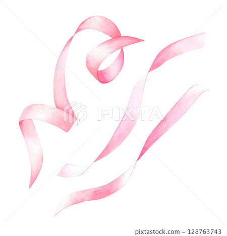 Set of pink satin ribbons. Hand drawn watercolor illustration isolated on white background. Suitable for design, invitations, congratulations. Set of pink satin ribbons. Hand drawn watercolor illustration isolated on white background. Suitable for design, invitations, congratulations. 128763743