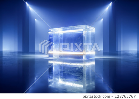 Infinite copy space surrounded by glass frame, clear glass cube space 128763767
