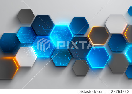 Futuristic light graphics with linked hexagons, tech vision lit up in a honeycomb pattern 128763780