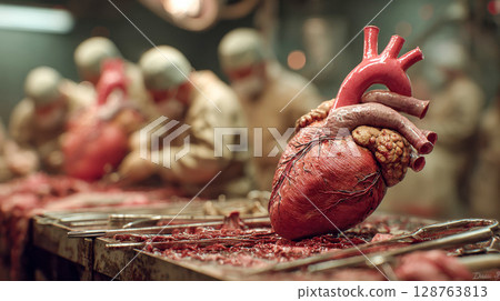 A highly realistic and graphic depiction of a human heart placed on a surgical table, with blurred surgeons operating in the background and surgical tools 128763813