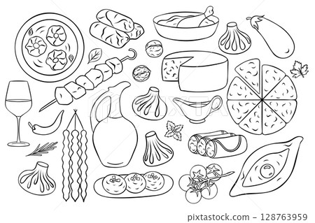Hand-drawn black and white vector icons of Georgian national cuisine featuring khinkali dumplings, khachapuri cheese bread, churchkhela and wine set in simple line art style 128763959
