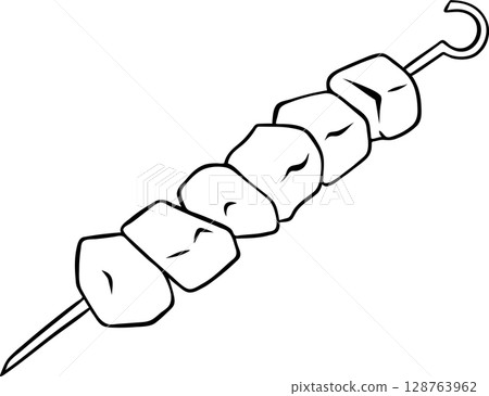 simple vector shish kebab icon on a skewer, Georgian national cuisine, black and white hand-drawn icons 128763962