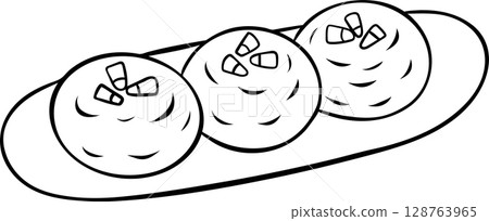 simple vector icon of phali decorated with pomegranate seeds, Georgian national cuisine, black and white hand-drawn icons 128763965