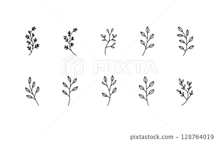 Minimal leafy branches sketched with thin lines and natural shapes. This soft collection suits eco-branding, stationery, or repeating patterns where subtle detail is key to organic design flow. 128764019