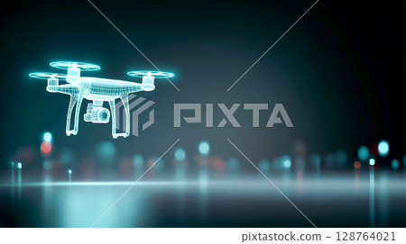 Wireframe UAV flying in the digital grid - for technology banners 128764021