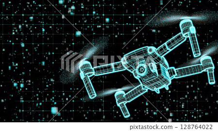 Wireframe UAV flying in the digital grid - for technology banners 128764022