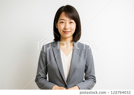 Smiling portrait of a young female university professor (white background) 128764032