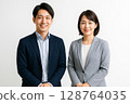 Male and female university professor pair portrait (white background) 128764035