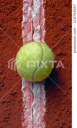 Just within the white line! The decisive moment of a tennis ball bouncing on a clay court 128764047