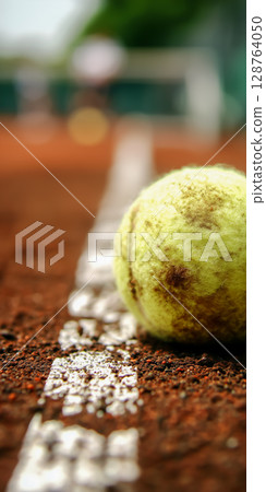 Just within the white line! The decisive moment of a tennis ball bouncing on a clay court 128764050