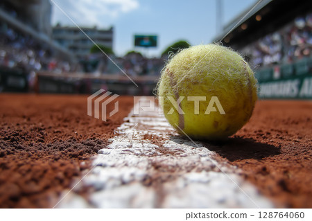 低角度拍攝網球場上球落地的畫面，傳達緊張的氣氛 128764060