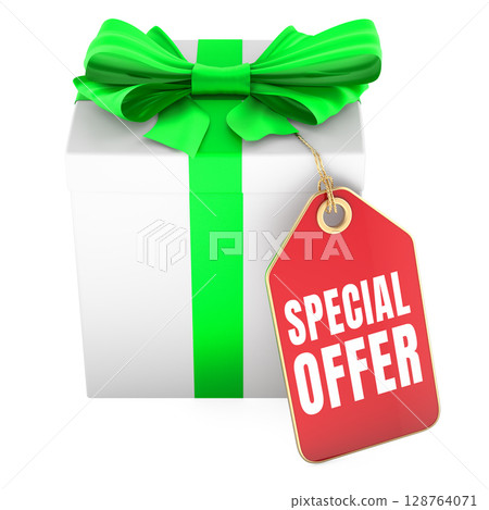 Special offer, gift box with red tag. 3D rendering 128764071