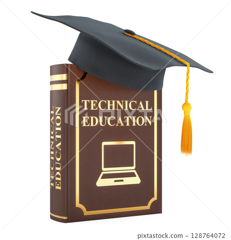 Technical education book with graduation cap. 3D rendering Technical education book with graduation cap. 3D rendering 128764072