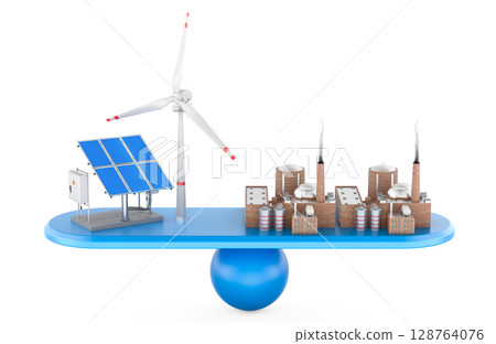 Renewable vs Fossil fuels. Energy balance concept. 3D rendering 128764076