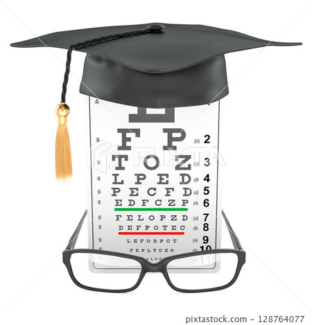 Vision test chart with graduation cap and glasses. 3D rendering 128764077