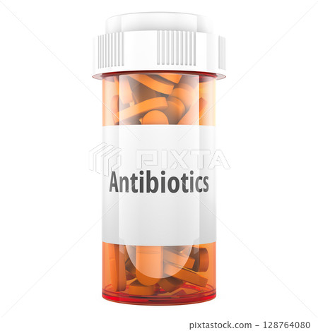 Antibiotics pill bottle. 3D rendering 128764080