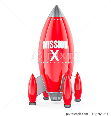 Mission X, red rocket. 3D rendering 128764081
