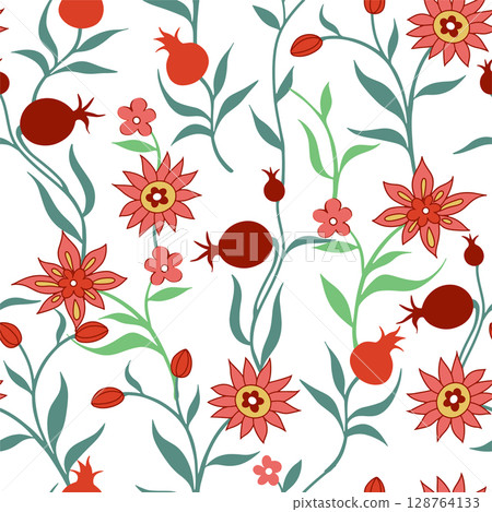 Vector seamless pattern in folk style with flowers and pomegranate fruits. Richly decorated ornament. 128764133