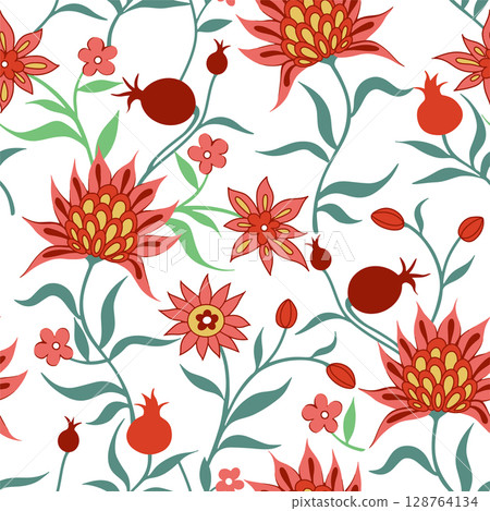 Vector seamless pattern in folk style with flowers and pomegranate fruits. Richly decorated ornament. 128764134