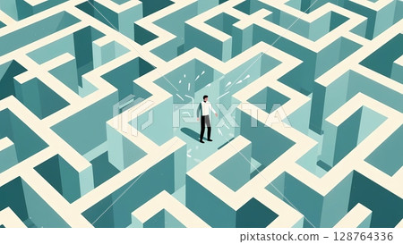 Illustration of a man who is lost in the maze of life and anxious 128764336