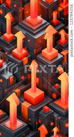 強大的橙色箭頭不斷增長 — 3D 背景象徵業務成長 128764358