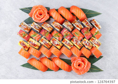 Premium Assorted Salmon Nigiri And Specialty Sushi Roll Platter Premium Assorted Salmon Nigiri And Specialty Sushi Roll Platter 128764397