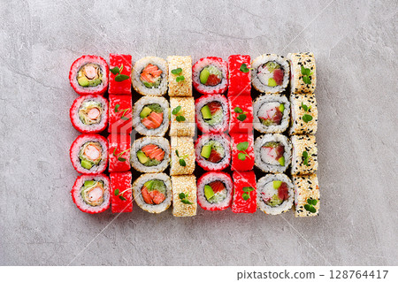 Generous California Roll Platter Featuring Shrimp Avocado Sushi 128764417
