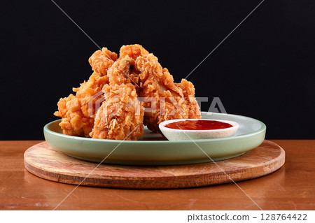 Crispy Fried Chicken Drumsticks with Sweet Chili Dip on Green Plate Crispy Fried Chicken Drumsticks with Sweet Chili Dip on Green Plate 128764422