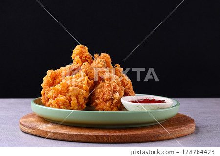 Crispy Fried Chicken Drumsticks with Sweet Chili Dip on Green Plate Crispy Fried Chicken Drumsticks with Sweet Chili Dip on Green Plate 128764423