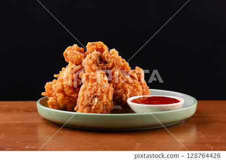Crispy Fried Chicken Drumsticks with Sweet Chili Dip on Green Plate Crispy Fried Chicken Drumsticks with Sweet Chili Dip on Green Plate 128764426