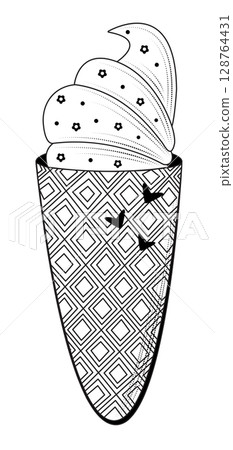 Cute ice cream waffle cone, vector black and white illustration Cute ice cream waffle cone, vector black and white illustration 128764431