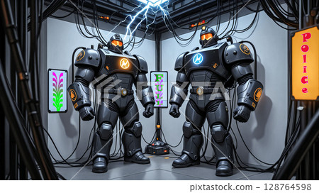 Police robots charging. Two humanoid robots with police insignia stand on a futuristic charging station. 128764598