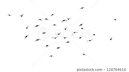 Flying birds silhouette flock. hand drawing. Not AI. Vector illustration 128764618