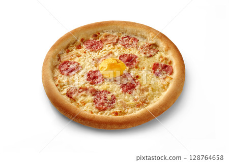 Carbonara pizza with egg, bacon and salami on white background Carbonara pizza with egg, bacon and salami on white background 128764658