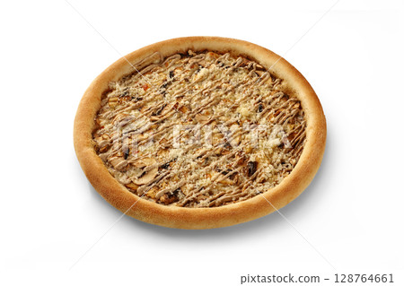 Delicious mushroom pizza with truffle cream and parmesan cheese on white background 128764661