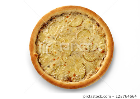 Delicious potato pizza with white sauce and cheese on white background 128764664