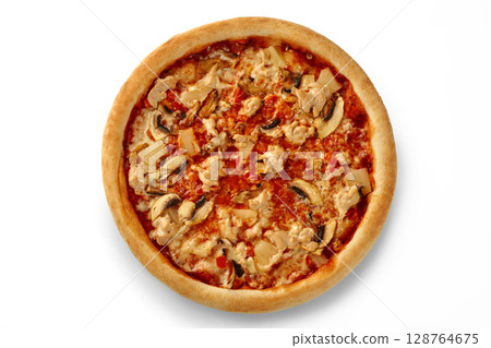 Delicious pizza with chicken, mushrooms, and melted cheese on white background Delicious pizza with chicken, mushrooms, and melted cheese on white background 128764675
