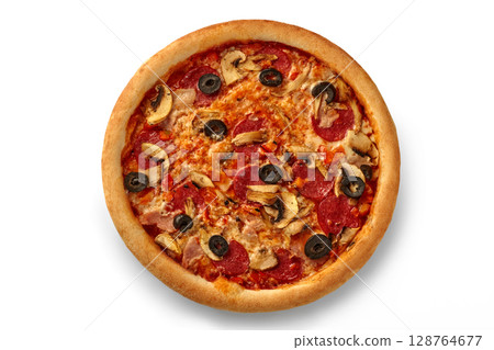 Delicious pizza with salami, mushrooms, and olives resting on white background 128764677