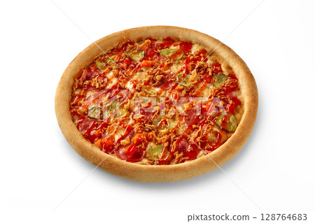 Round pizza with salami, pickled cucumber, crispy fried onions and ketchup on a white background 128764683