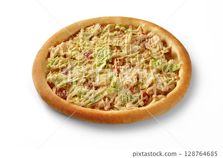 Caesar salad pizza with romaine lettuce and croutons on white background 128764685