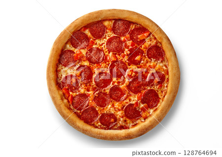Delicious pepperoni pizza with tomato slices baking on white background 128764694