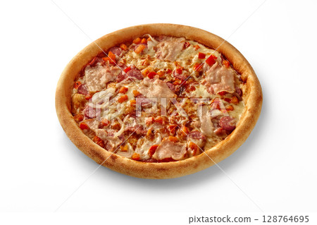 Delicious pizza with bacon, salami, vegetables and melted cheese on white background 128764695