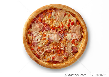 Delicious pizza with bacon, salami, and vegetables displayed on white background 128764696